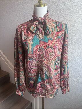 Ford Paisley Tie-Neck Dress Shirt in Teal and Pink